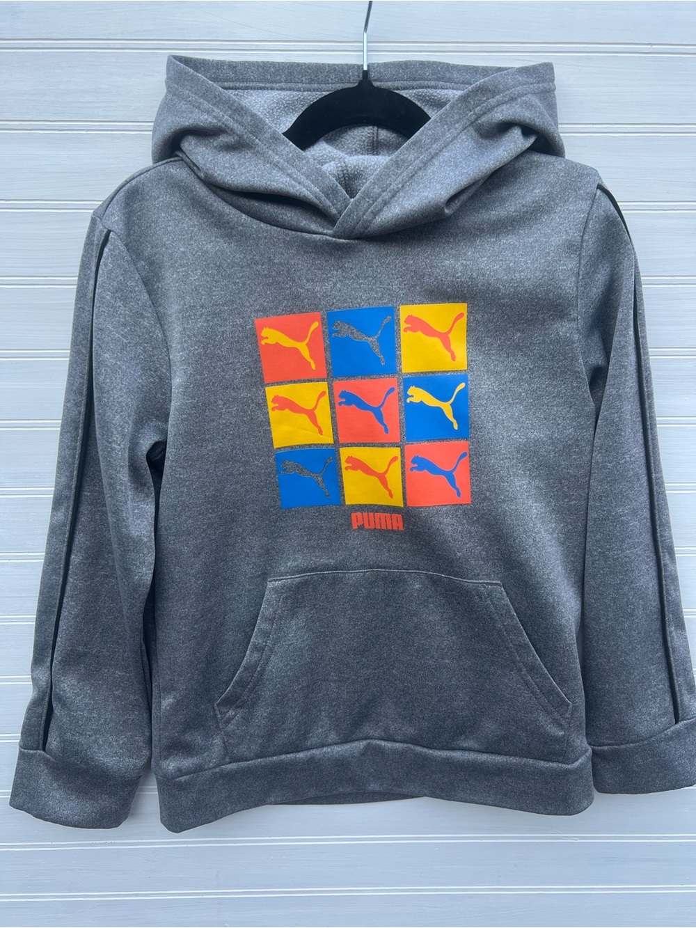 PUMA Kids' Gray Hooded Sweatshirt with Color Block Logo US Size 7